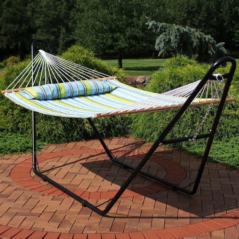 Sunnydaze Double Quilted Fabric Hammock with Universal Steel Stand - 450-Pound Capacity - Blue and Green