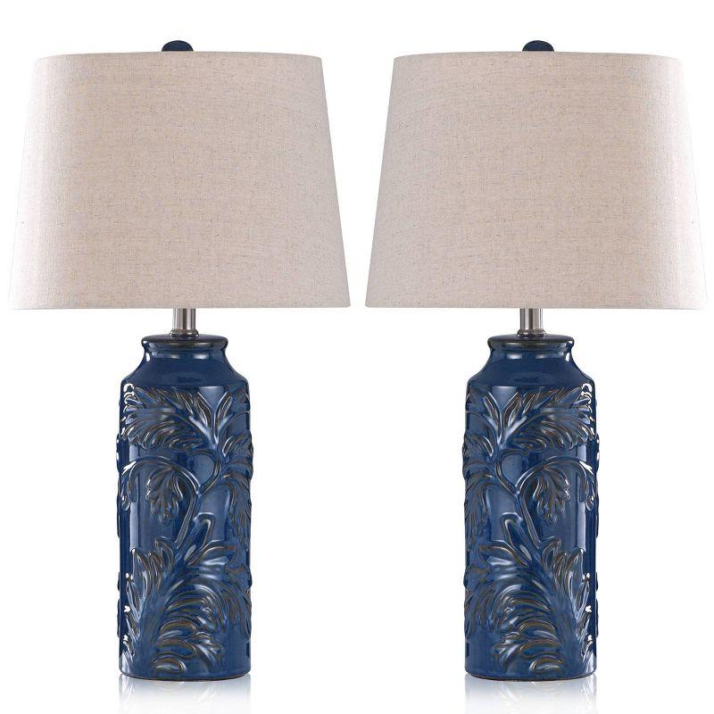 Set of 2 Cloverfield Ceramic Table Lamps Navy Blue - StyleCraft: Botanical Pattern, White Linen Shade