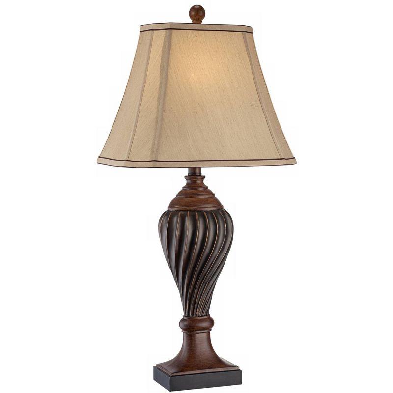 Regency Hill Traditional Table Lamp 28.5" Tall Carved Two Tone Brown Urn Shaped Beige Fabric Shade for Living Room Family Bedroom Bedside