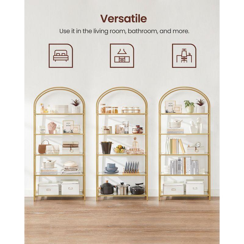 VASAGLE 5-Tier Bookshelf, 32.7 x 72.2inch, Display Storage Shelf, Tempered Glass Shelving Unit with Metal Frame, for Bedroom, Living Room, Gold