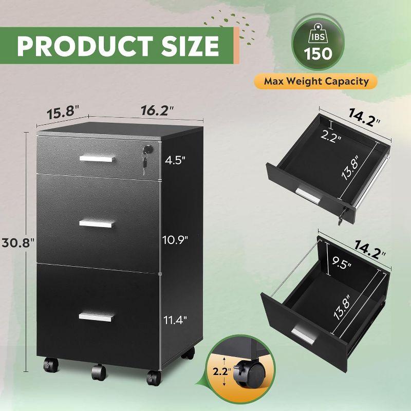 GALAXHERO  3 Drawer Rolling File Cabinet with Lock, Wood Filing Cabinet fits Letter / A4 Size for Home Office, Black
