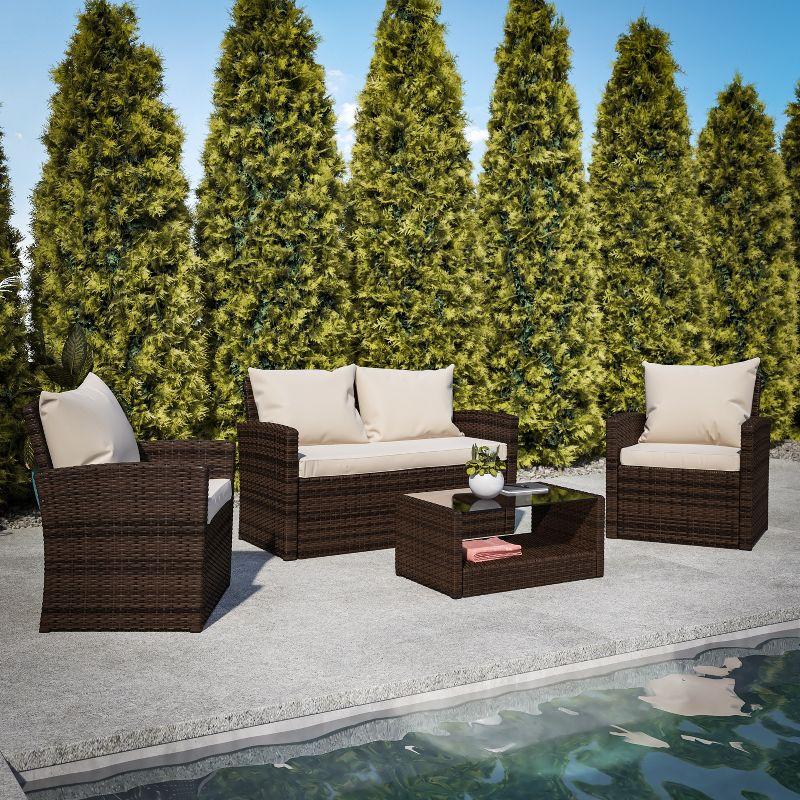 Brown and Beige 4-Piece Rattan Patio Set with Cushions