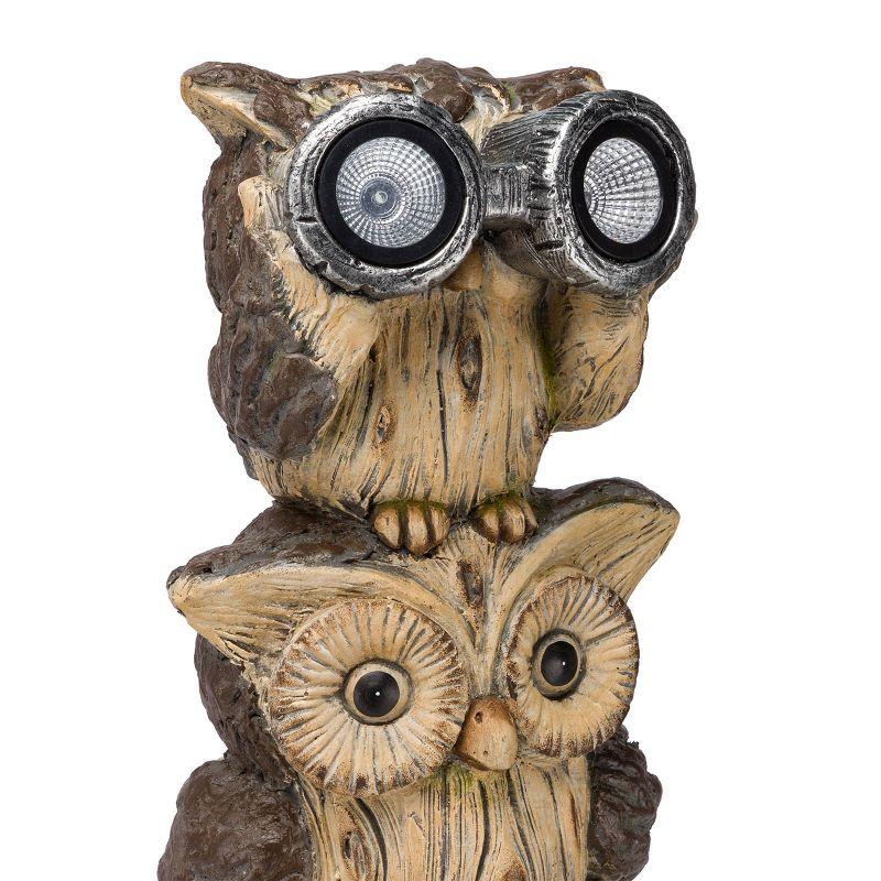 Solar Three Stacked Binocular Owls Polyresin Statue with LED Lights - Alpine Corporation: Garden Decor Sculpture with NiMH Battery