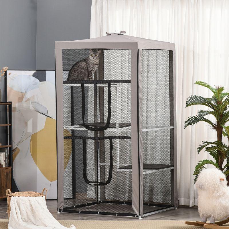 PawHut 79"H Cat House Kitten Enclosure Mesh Playpen Steel Frame with 3 Platforms, 2 Doors and 4 Sandbags for Stability, Indoor/Outdoor