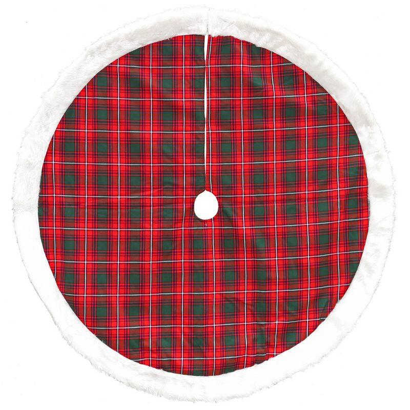 48" Red and Green Plaid Christmas Tree Skirt with White Faux Fur Trim