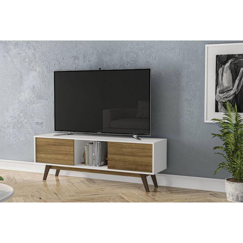 Sleek Dual-Tone White/Walnut TV Stand with Cabinet Storage