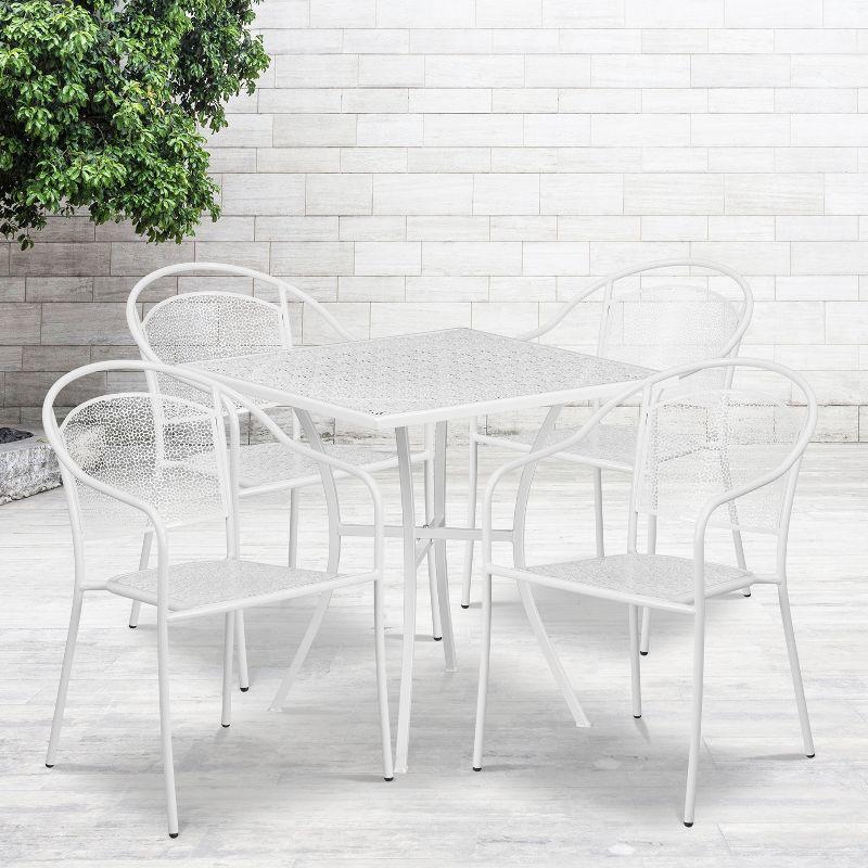 White 28" Square Steel Patio Table Set with 4 Round Back Chairs