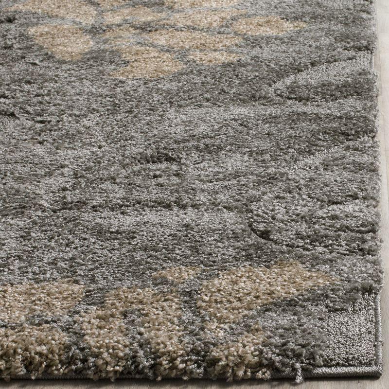 Elegant Grey Beige Floral Synthetic Shag Rug, 5'3" x 7'6"