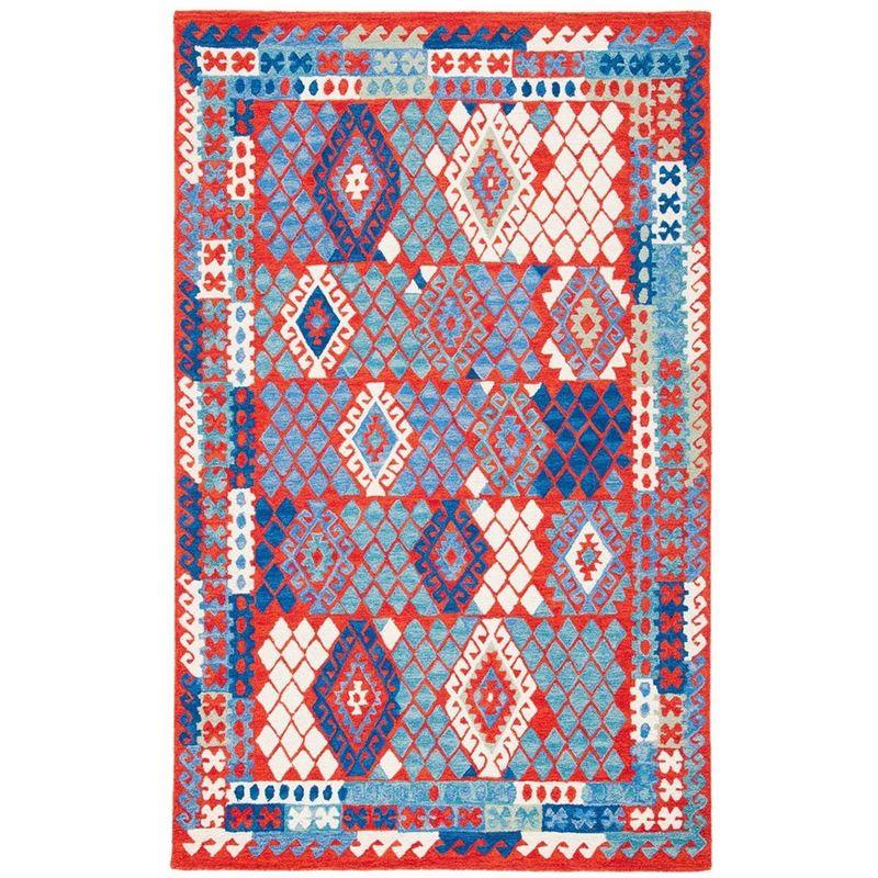 Aspen Blue and Red Handmade Wool Geometric Rug