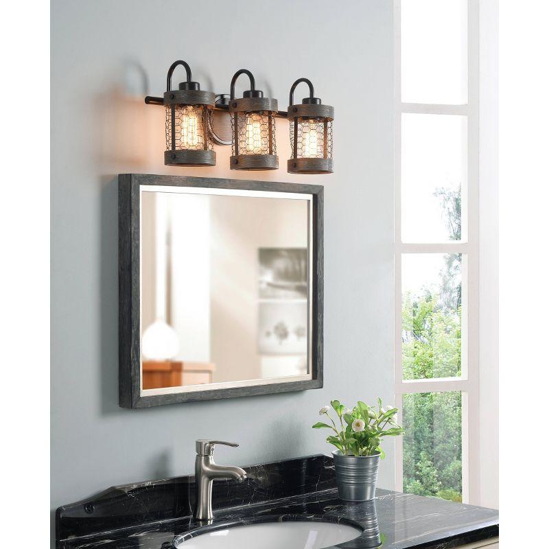 Co-t Kenroy Home Industrial Farmhouse 3-Light Bath Vanity Fixture With Chicken Wire Mesh Shades & Distressed Wood Accents