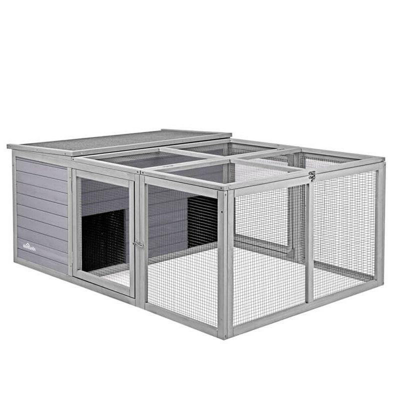 Gray Wooden Outdoor Hutch with Mesh Panels for Small Animals