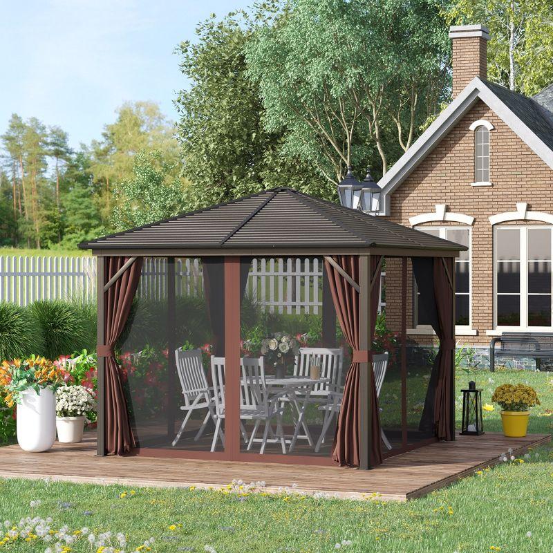 Outsunny 10x10 Hardtop Gazebo with Aluminum Frame, Permanent Metal Roof Gazebo Canopy with Curtains and Netting for Garden, Backyard, Dark Brown