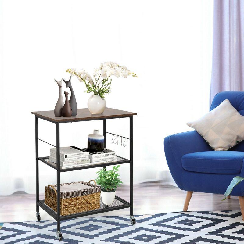 Costway 3-Tier Kitchen Serving Cart Utility Standing Microwave Rack w/ Hooks