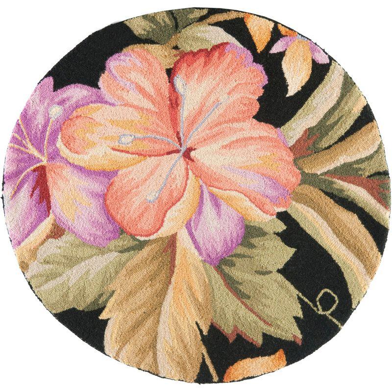 Handmade Black Floral Wool Cotton Round Area Rug