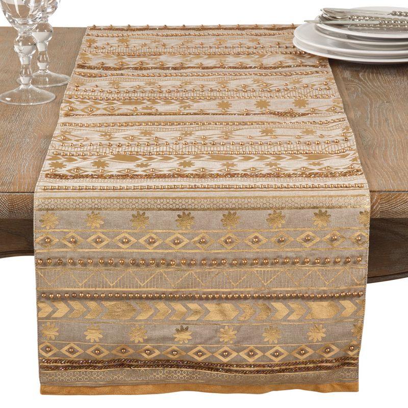 Beige and Gold Cotton Bohemian Table Runner with Beaded Design