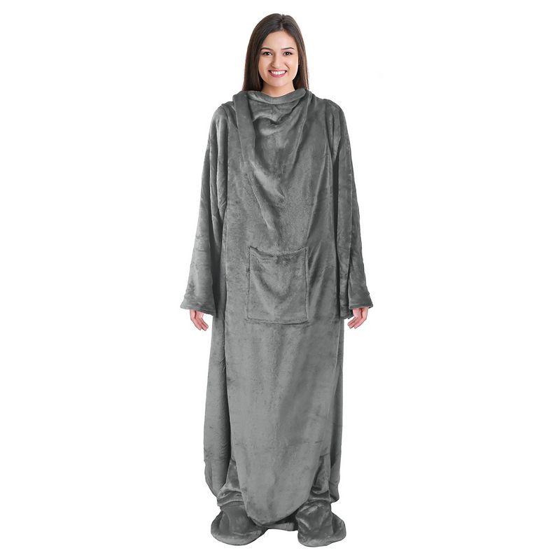 Catalonia Fleece Wearable Blanket with Sleeves and Foot Pockets, Micro Plush Wrap Sleeved Throw Blanket Robe