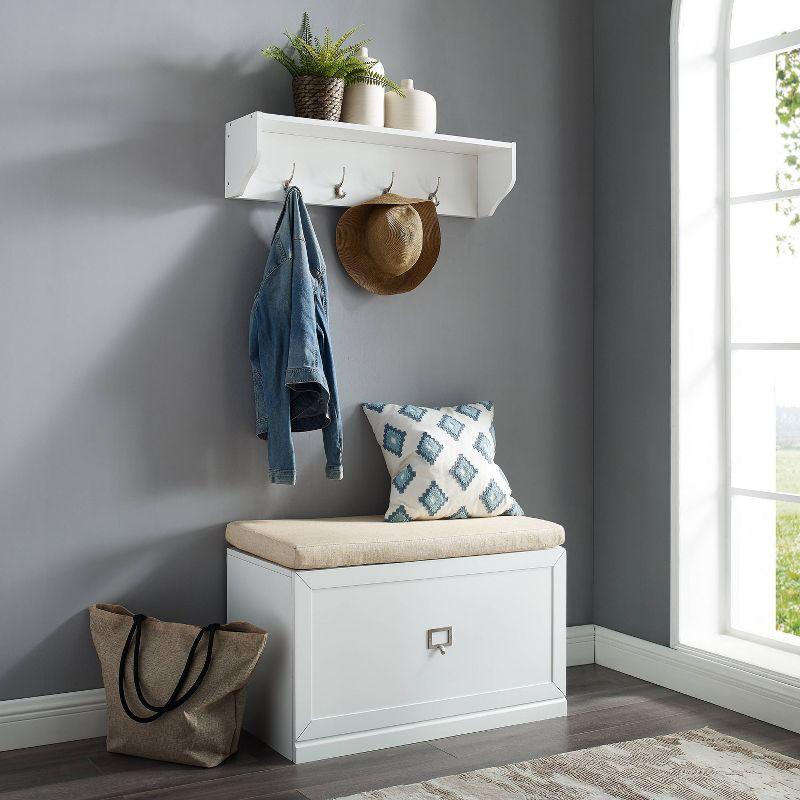 White Wood Wall-Mounted Entryway Shelf with Hooks