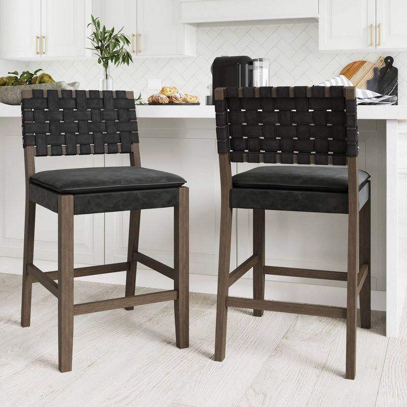 Nathan James Cohen Woven Faux Leather Counter Height Barstool Black: Rubberwood Frame, Saddle Seat, Stud Detail