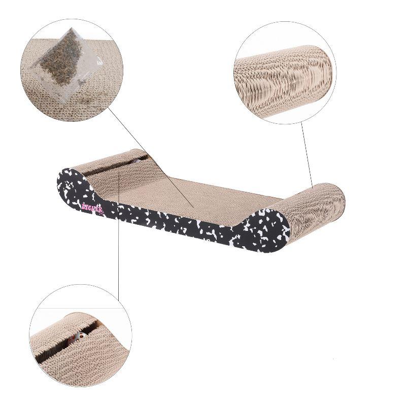 THE LICKER STORE Rini 23.75" Modern Cardboard Lounge Bed Cat Scratcher with Built-In Bell Toys and Catnip, Black/White