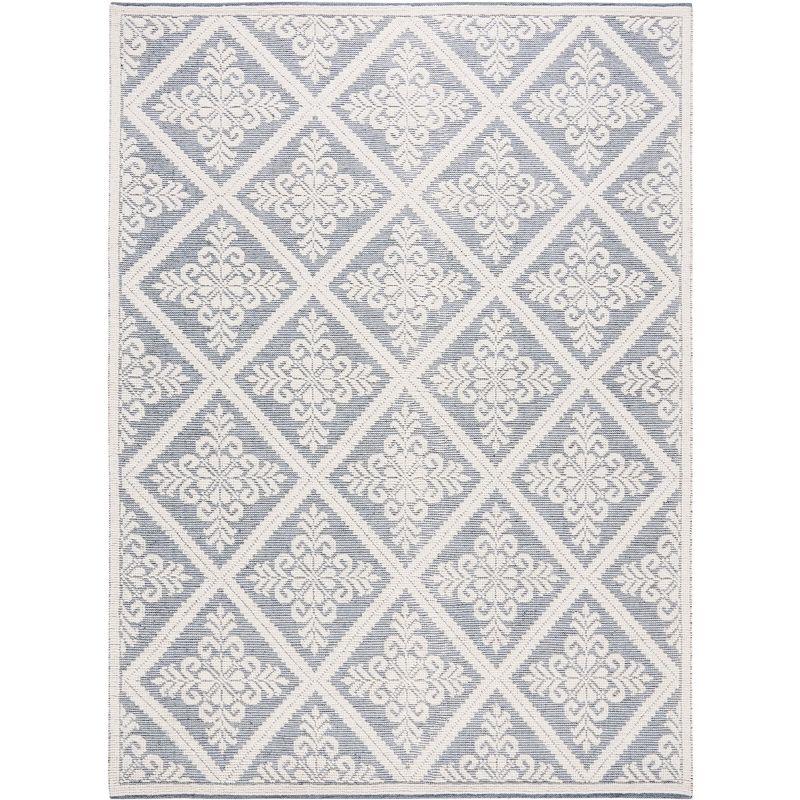 Ivory and Blue Hand-Knotted Wool 8' x 10' Area Rug