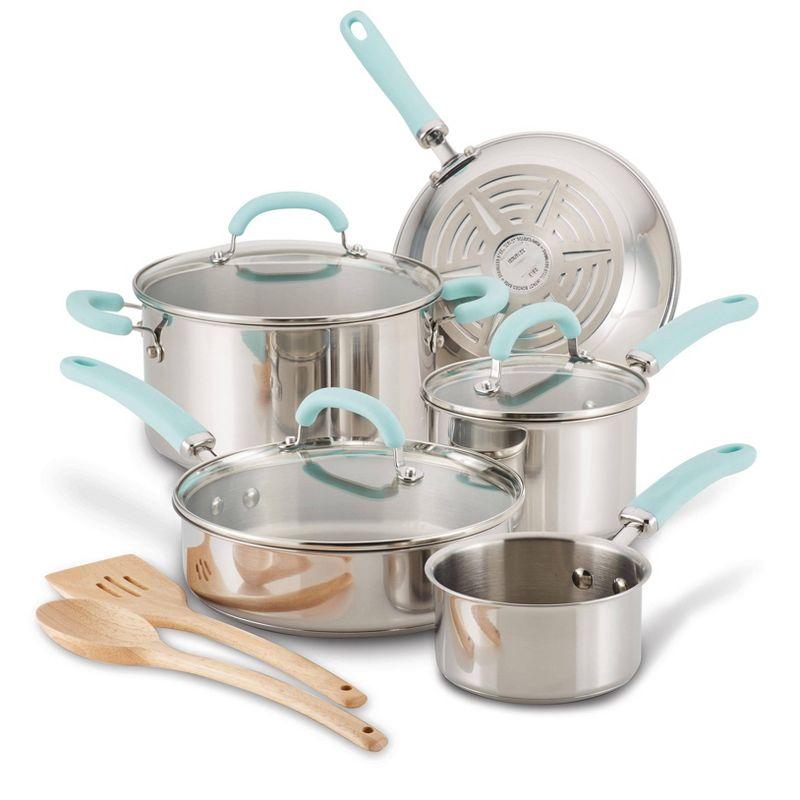 10-Piece Stainless Steel Cookware Set with Light Blue Handles