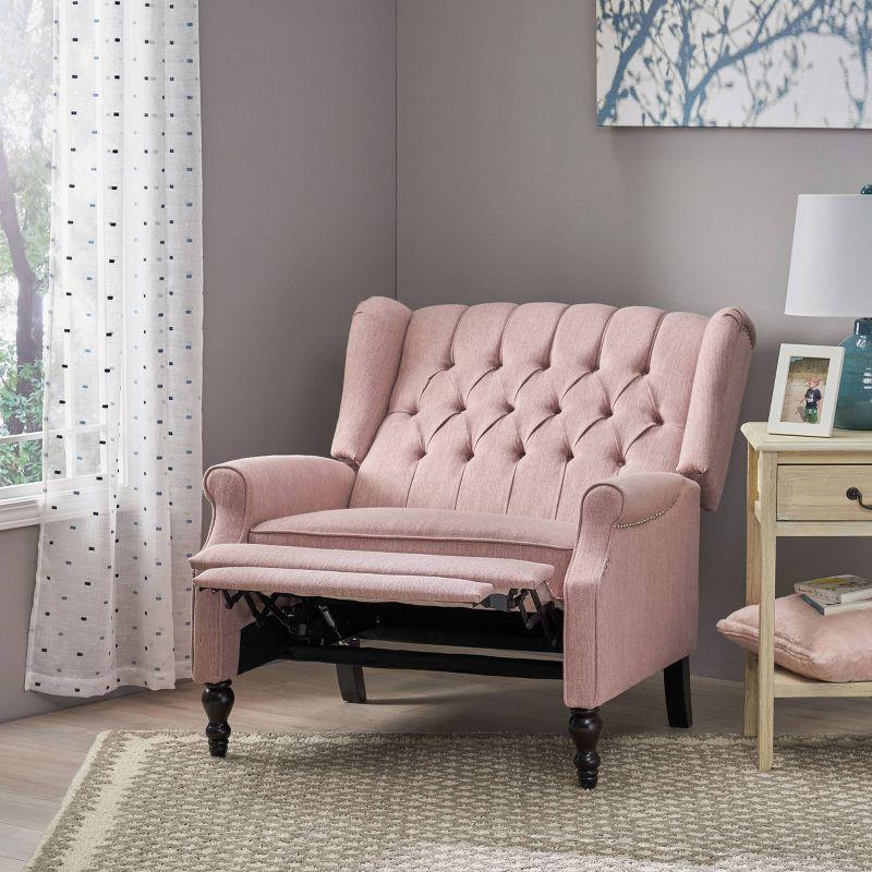 Blush Harmony Oversized Tufted Wingback Recliner in Dark Brown Wood