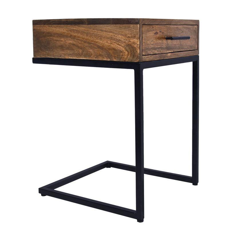 Brown Mango Wood Side Table with Black Iron Base and Drawer