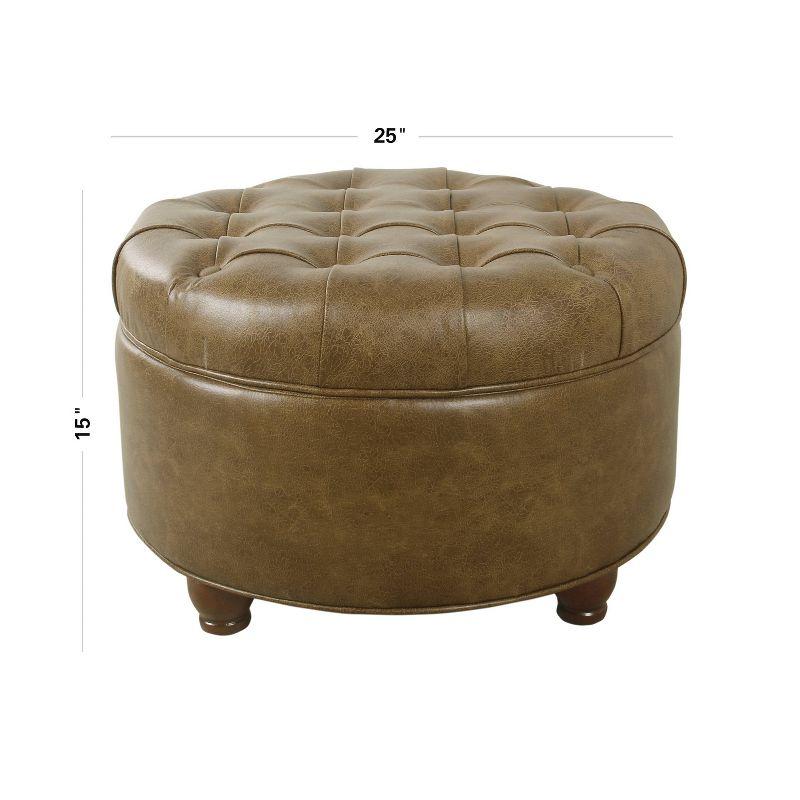 Large Tufted Round Storage Ottoman Faux Leather Distressed Brown - HomePop