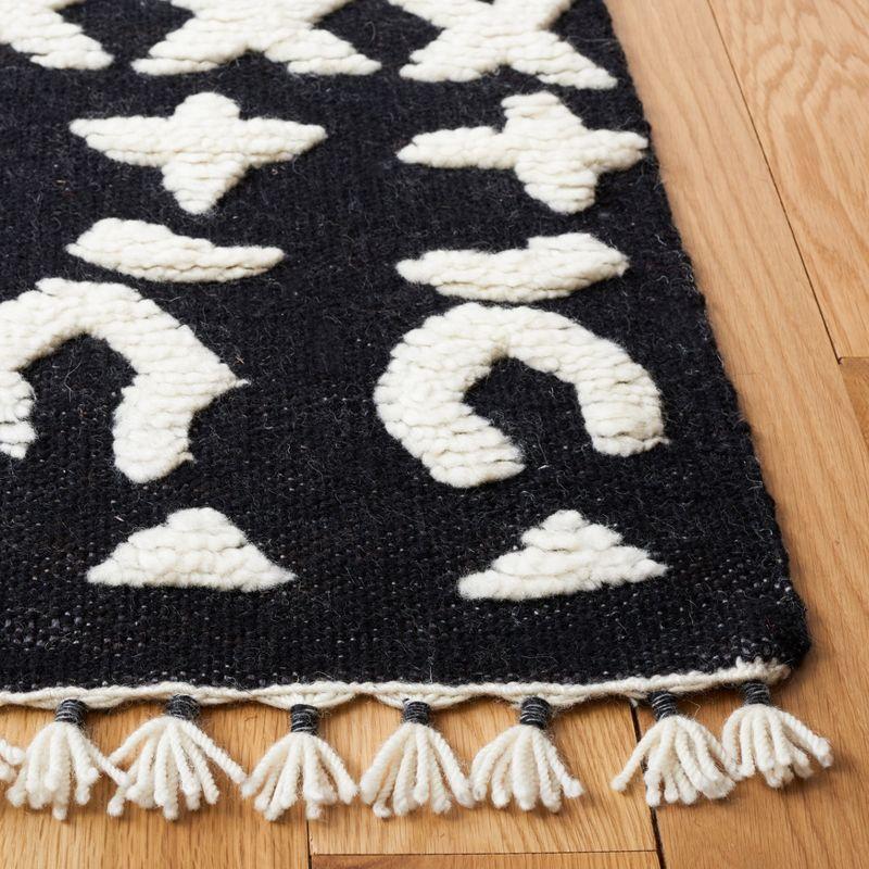 Black and Ivory Wool Hand-Knotted Aztec Runner Rug