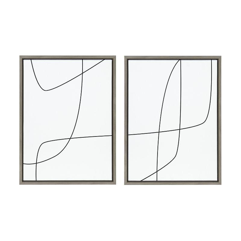 Modern Black and White Abstract Line Art on Canvas with Gray Frames, Set of 2