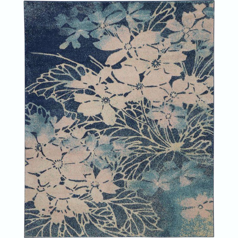 Navy and Pink Floral Viscose Rectangular Rug 6' x 9'