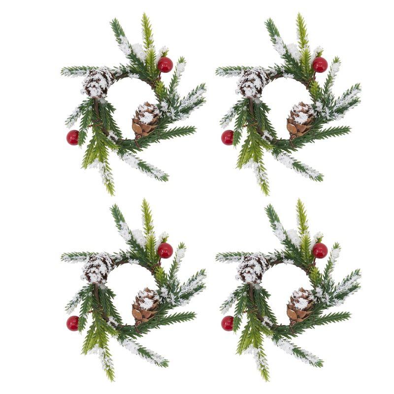 Festive Green and Red Berry Pinecone Napkin Rings, Set of 4