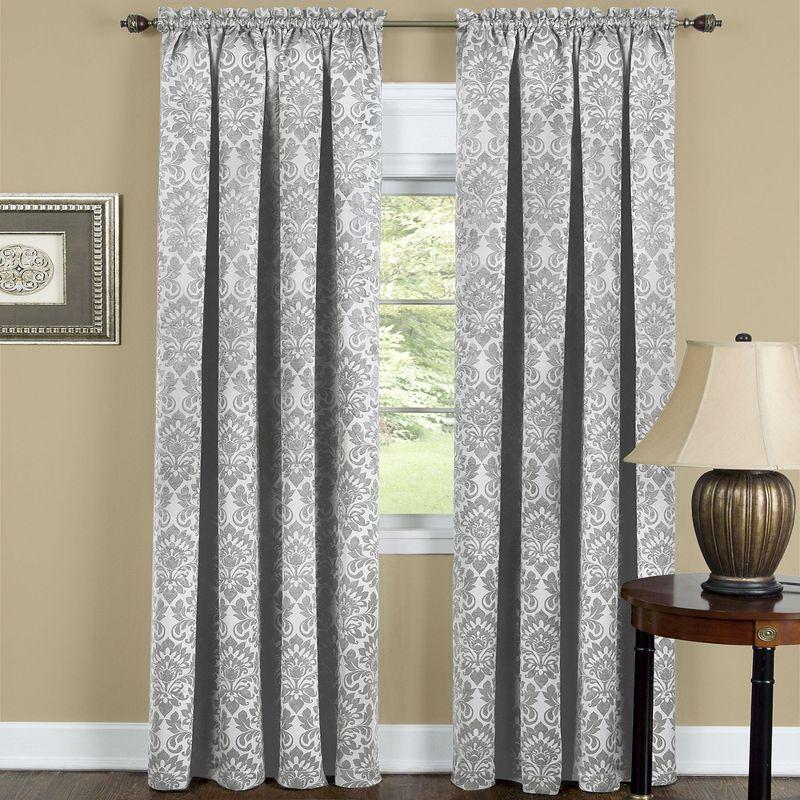 Silver Damask Design Blackout Rod Pocket Curtain Panels