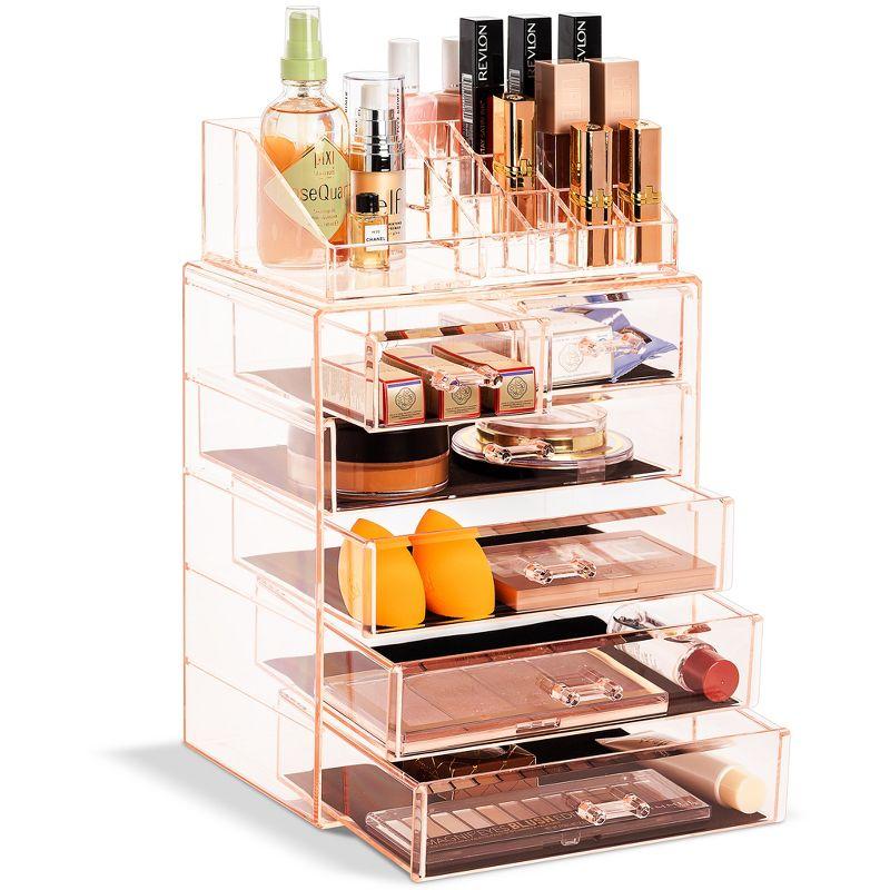 Sorbus 2 Piece Acrylic Makeup and Jewelry Storage Organizer Case (6 Drawers and Lipstick Tray) - Pink