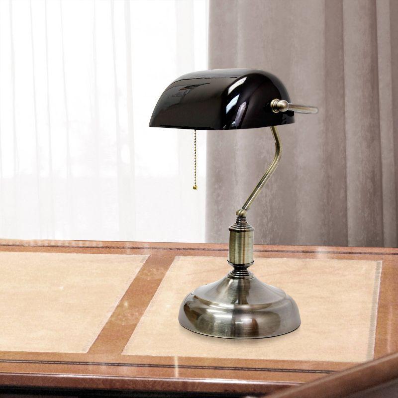 Executive Banker's Desk Lamp with Glass Shade Black - Simple Designs: ETL Listed, Metal Body, Pull Chain