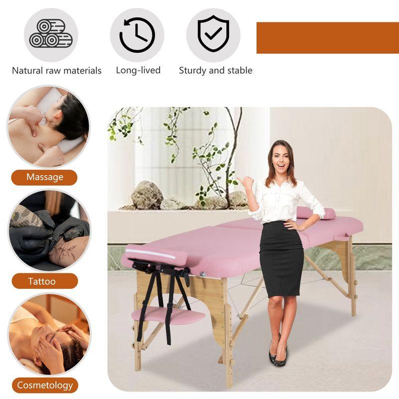 FDW Massage Bed 73 Inches Long Height Adjustable Massage Table W/Sheet Cradle Bolster Portable 2 Folding Massage Salon Table Hanger Tattoo Bed,Pink