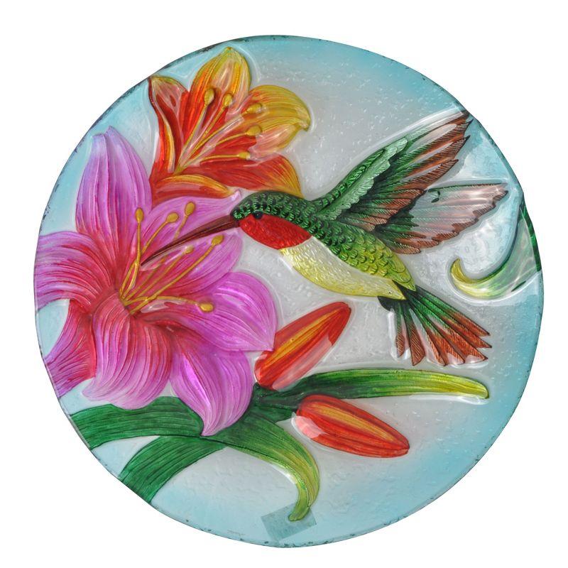 18" Multicolor Glass Hummingbird Birdbath with Metal Stand