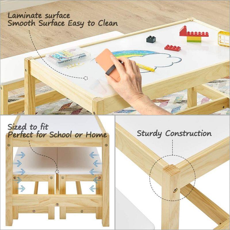 MUSEHOMEINC Solid Wood 3 In 1 Kids Toddlers Activity Play Arts and Crafts Table and Bench Chair Set with Whiteboard Surface for Playroom and School