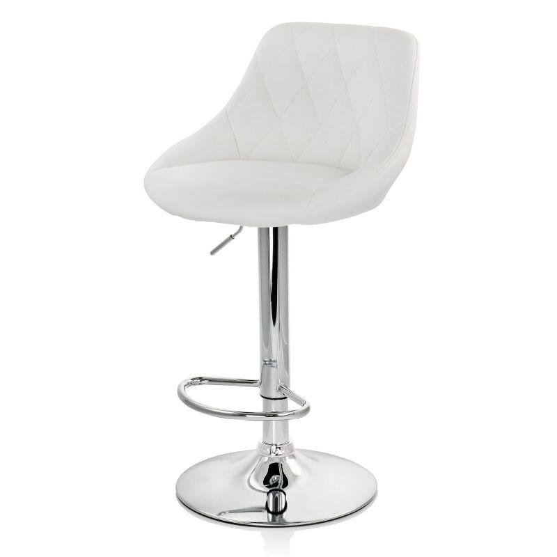 Elama 2 Piece Diamond Stitched Faux Leather Bar Stool in White with Chrome Base  and Adjustable Height