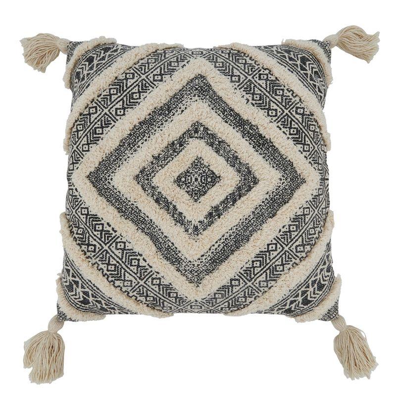 Tufted Diamond Block Print Black and Beige Cotton Pillow