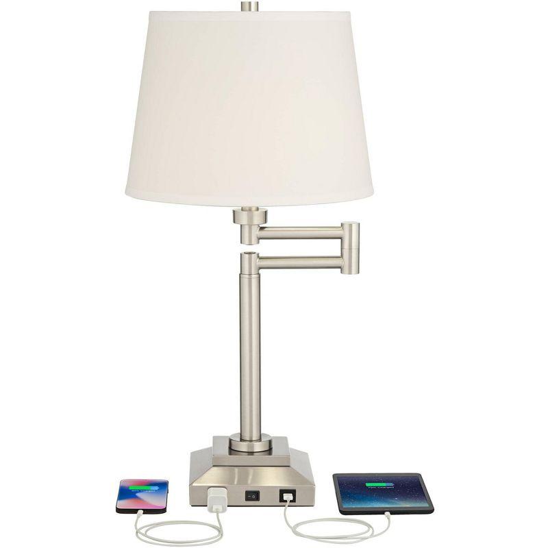 360 Lighting Camber Modern Desk Table Lamp 29" Tall Brushed Steel with USB and AC Power Outlet in Base Swing Arm Linen Shade for Bedroom Living Room