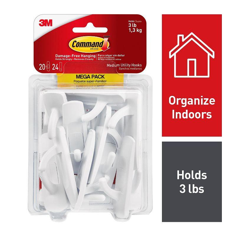 Command General Purpose Hooks 3lb Capacity Plastic White 20 Hooks 24 Strips/Pack 17001MPES