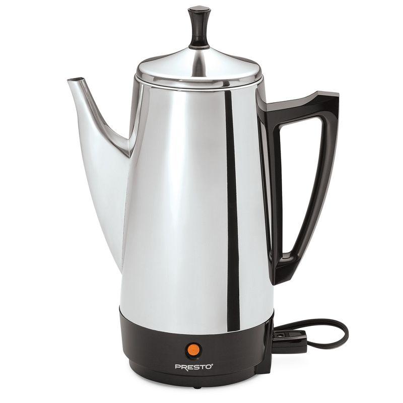 Presto Stainless Steel Coffee Maker, 12 Cup Robust Percolator Coffee Machine for Kitchens with Filter Basket and Signal Light, Silver