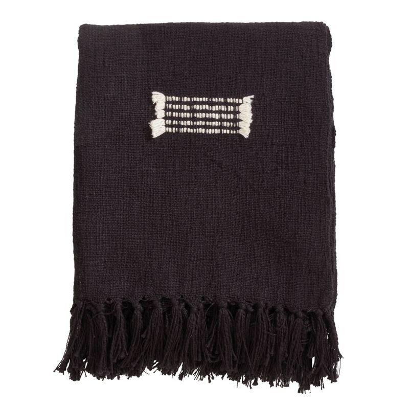 Black Cotton Throw Blanket with Fringed Lines, 50 x 60 Inch