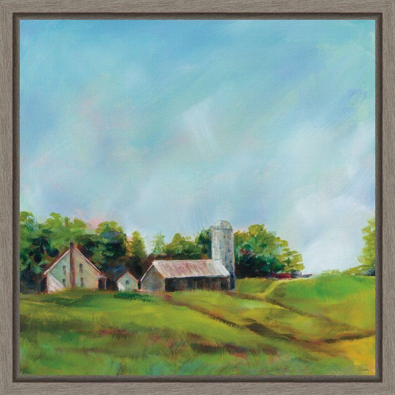 Azure Sky Farmhouse Landscape Canvas Print in Gray Frame