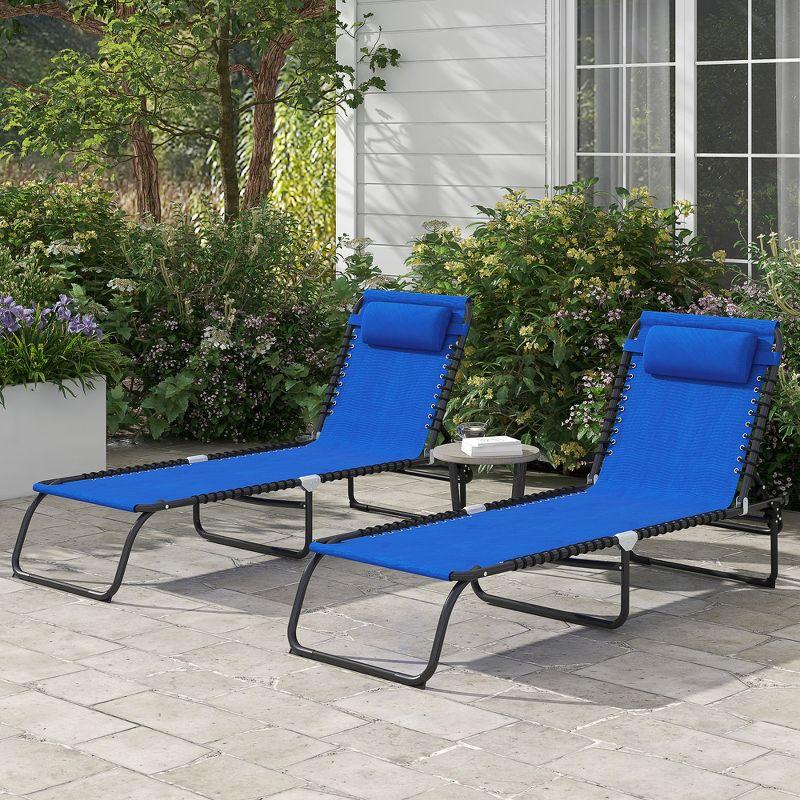 2 Folding Chaise Lounge Pool Chairs with 4-Position Reclining Back, Pillow, Breathable Mesh & Bungee Seat, Blue