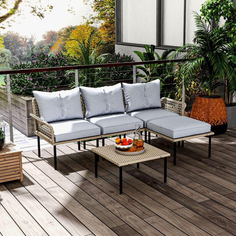 Outsunny 5 Pieces Patio Furniture Set with Cushions, Sofa, Chaise Lounge, Stool, Coffee Table