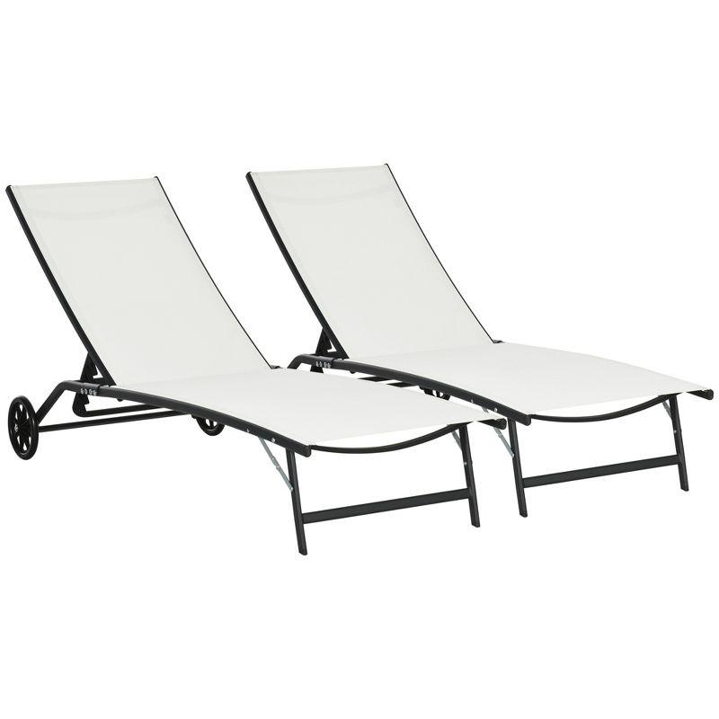 Outsunny Patio Chaise Lounge Chair Set of 2, 2 Piece Outdoor Recliner with Wheels, 5 Level Adjustable Backrest for Garden, Deck & Poolside