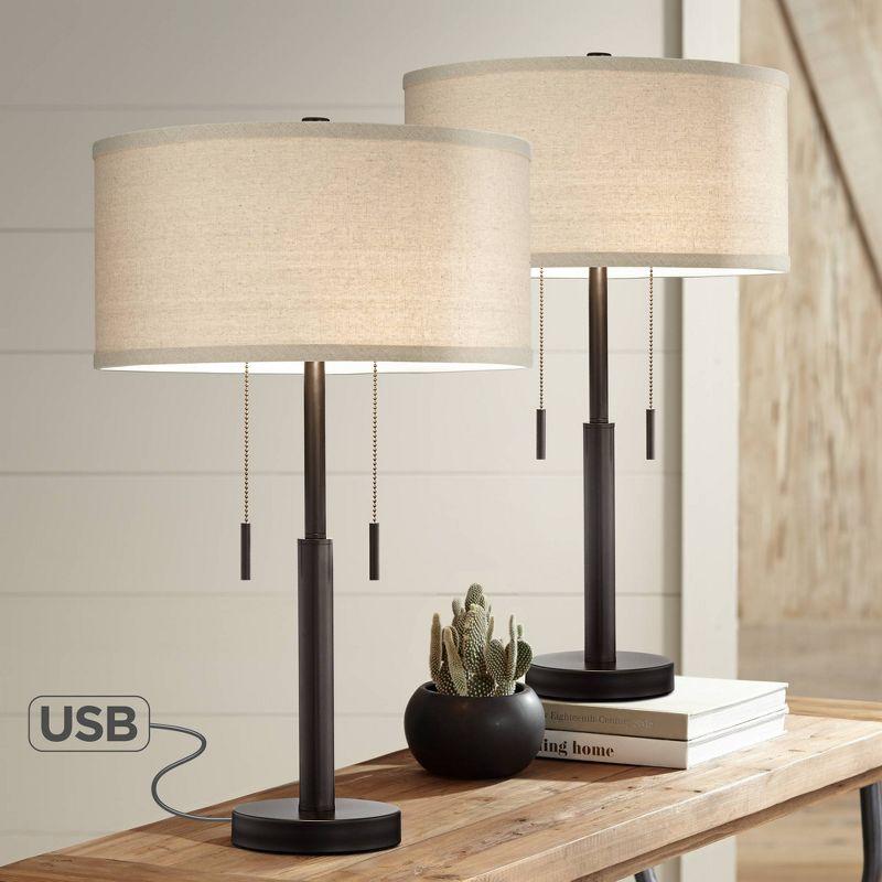 Franklin Iron Works Bernie Industrial Table Lamps 25" High Set of 2 Rich Bronze with USB Charging Port Tan Drum Shade for Bedroom Living Room Bedside
