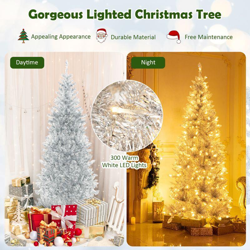 Tangkula 6/7 FT Pre-lit Artificial Christmas Tree Hinged Xmas Pencil Tree with 790/1030 Branch Tips 300/400 Warm White LED Lights